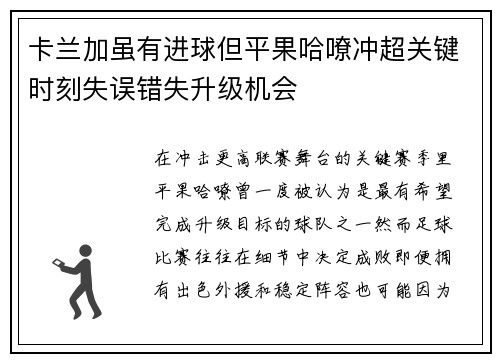 卡兰加虽有进球但平果哈嘹冲超关键时刻失误错失升级机会