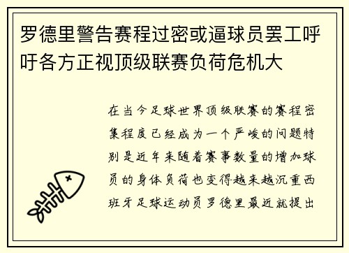 罗德里警告赛程过密或逼球员罢工呼吁各方正视顶级联赛负荷危机大